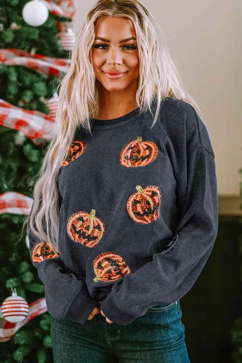 Sequin Patch Pumpkin Round Neck Sweatshirt Trendsi b2cf594f-2c6f-416b-962b-cc0b1f429187-Max