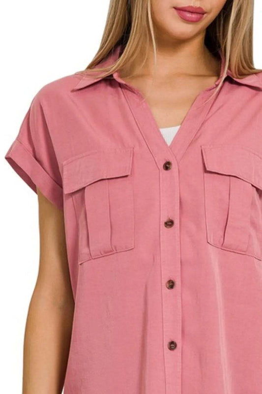 Zenana Tencel V-neck Collared Top W Front Flap Pockets Trendsi b2d718a1-78de-401d-bf54-dcd1096bb46b-Max-Origin