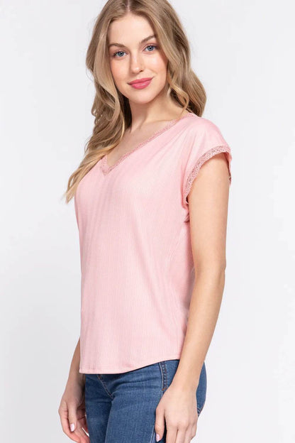 ACTIVE BASIC Lace Trim V-Neck Short Sleeve Ribbed Top Trendsi b2da9619-4bdf-437c-ba8c-89022c27dcb2-Max