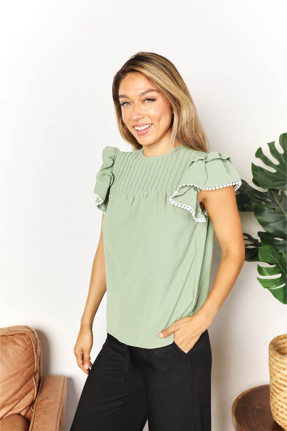 Perfee Pleated Detail Flutter Sleeve Blouse Trendsi b2f946a6307f40aea05bf1562452ba65-Max