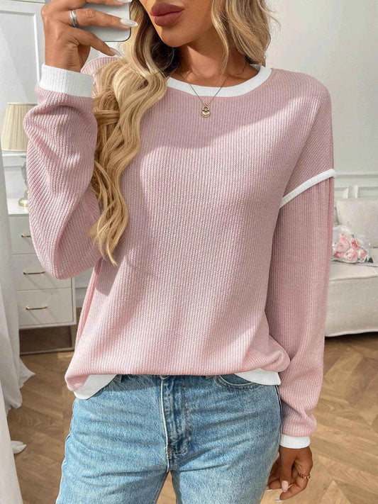 Ribbed Contrast Trim Long Sleeve Top Blush Pink Trendsi b308b1d2-1175-4367-a38a-96411788c42b-Max-Origin