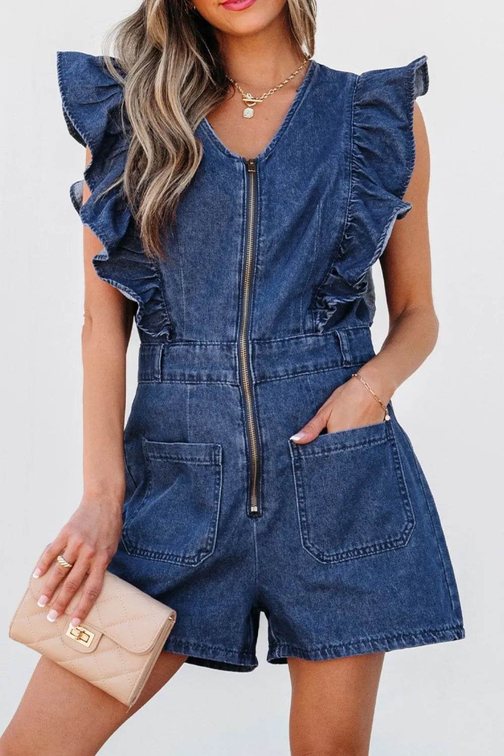 Denim Ruffled Zipped Front Belted Romper Trendsi b30b576e-8b15-4a71-9d49-5ad5318365c9-Max-Origin