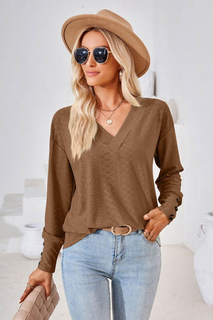 V-Neck Long Sleeve Blouse Trendsi b326a194179e45ba90ccb2741b9669ba-Max