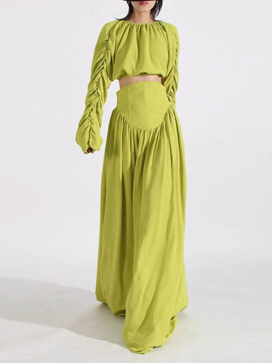 Ruched Long Sleeve Top and High Waist Skirt Set Green Trendsi b33502d5-66cf-4302-99e6-1444799814aa-Max-Origin