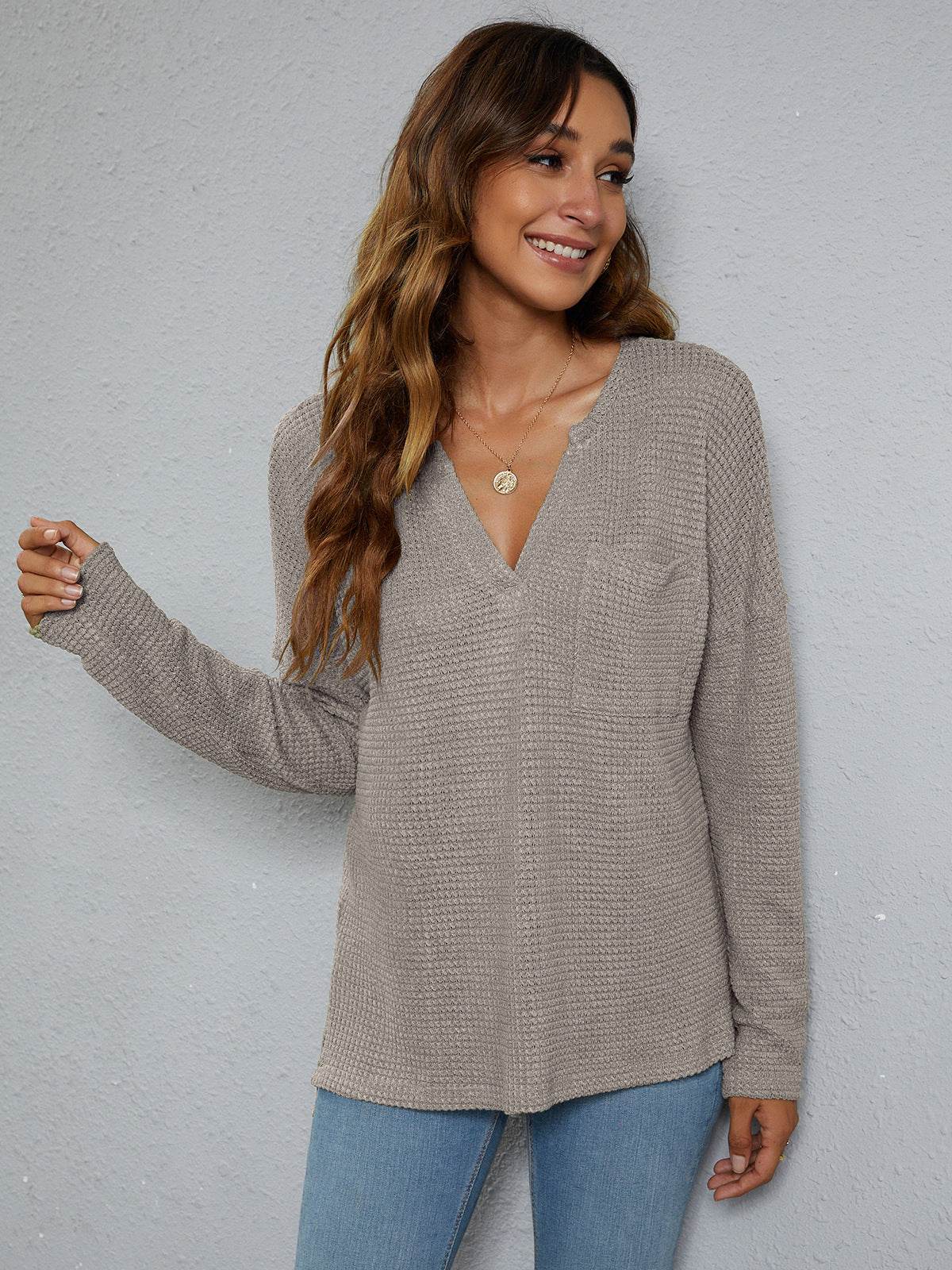 Dropped Shoulder High-Low Waffle-Knit Top Trendsi b3370d4f55224337ab4bca712133bf87-Max