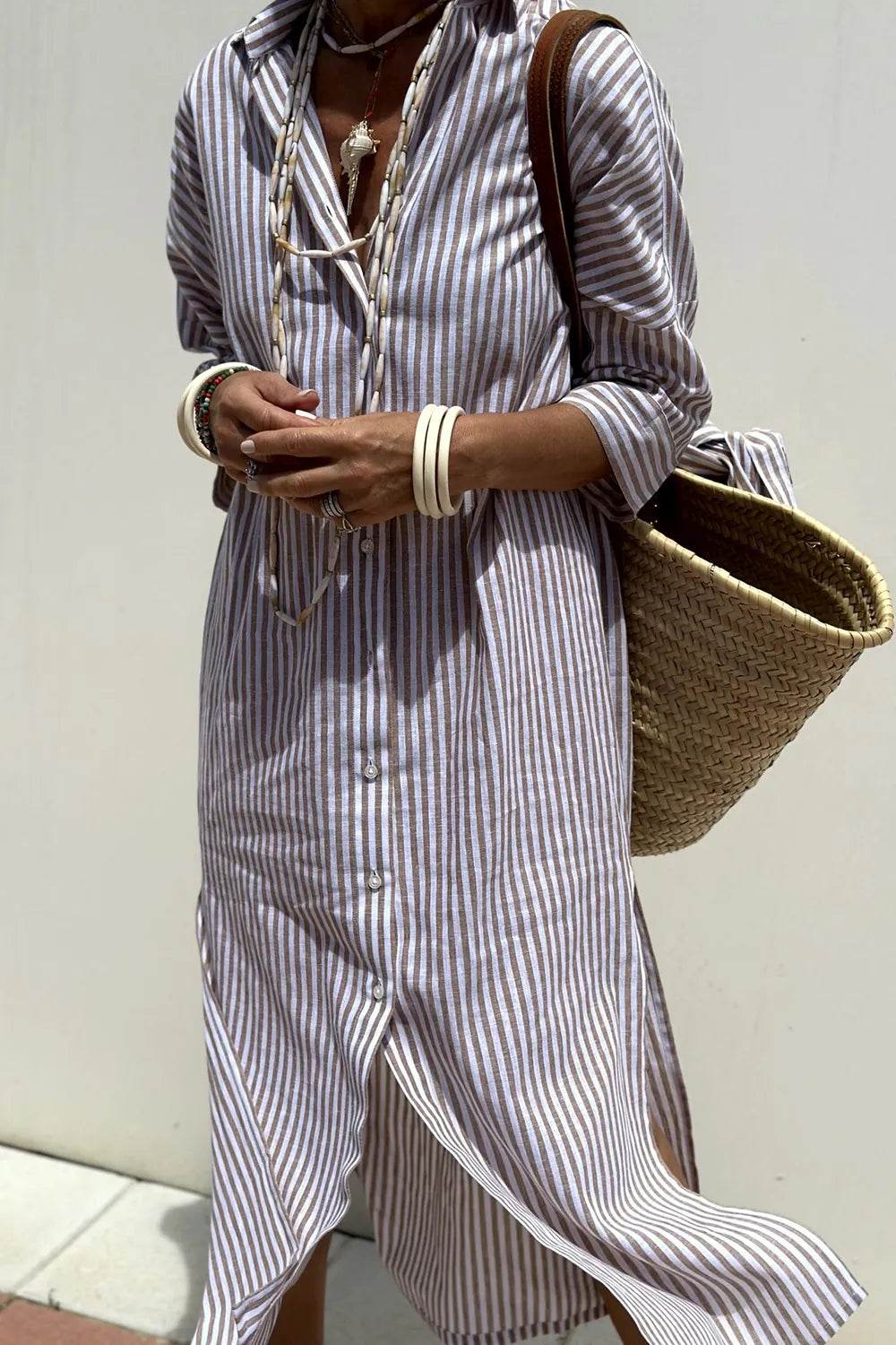 Tied Button Up Three-Quarter Sleeve Dress Mocha Trendsi b33c2754-5ad4-4bf6-a3ff-b25932892456-Max