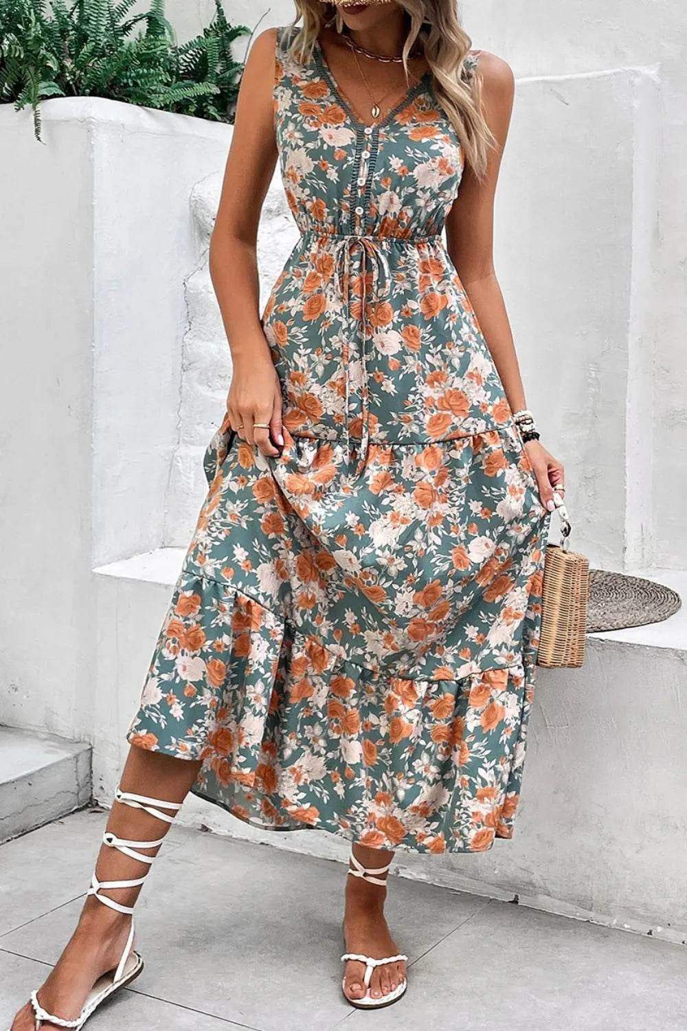 Floral Print Trimmed V Neck Tie Waist Sleeveless Dress Trendsi b3461eee-b0e9-4c0f-ad13-63076c7db824-Max-Origin