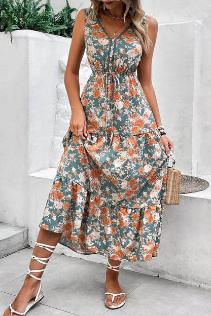 Floral Print Trimmed V Neck Tie Waist Sleeveless Dress Trendsi b3461eee-b0e9-4c0f-ad13-63076c7db824-Max-Origin