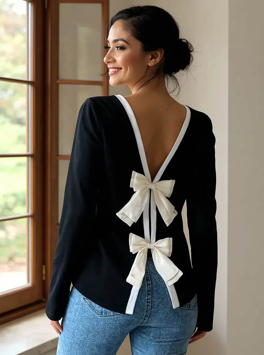 Long Sleeve Bow Tie Back T-Shirt Black White Trendsi b35232a5-6fd7-4698-a3d6-1048418558ca-Max-Origin