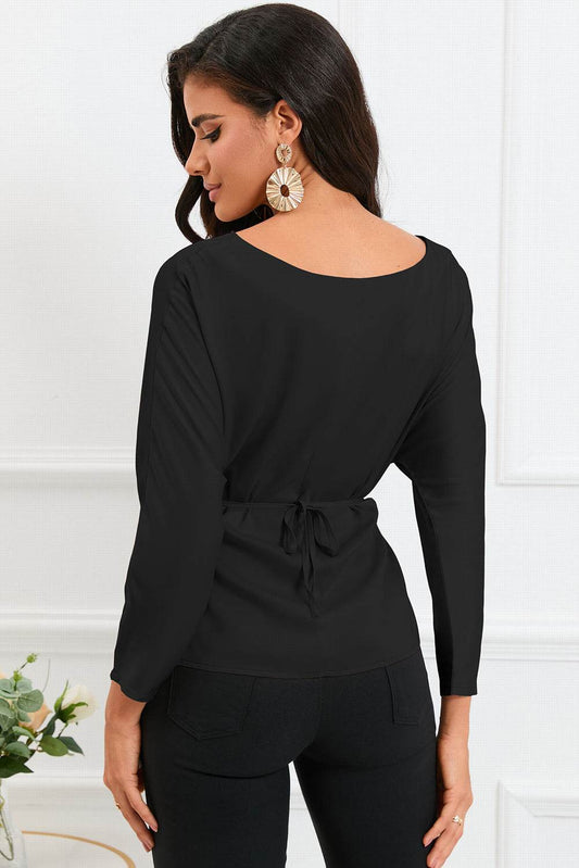 Boat Neck Back Tie Long Sleeve Satin Blouse Trendsi b35e46273e234a219f0a6fd141ac0b2d-Max
