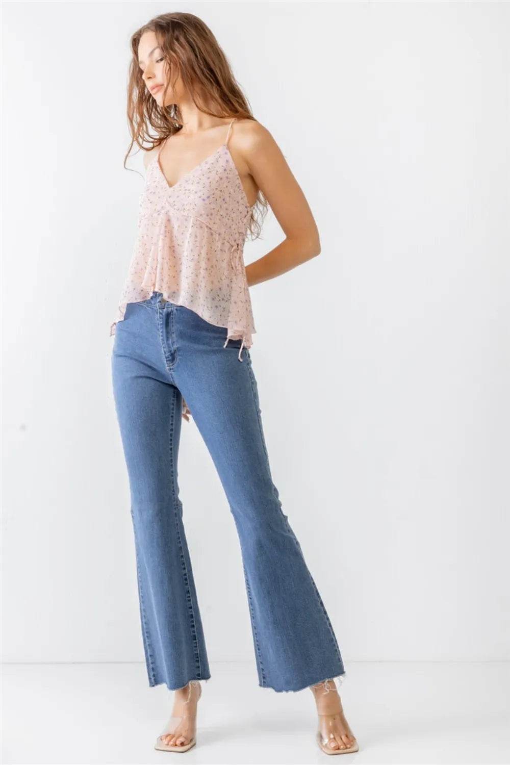 Miss Love / Kevin Co. Floral Print V-Neck Criss-Cross Back Flare Cami Trendsi b369cef2-2020-415c-bf81-c2558b1765f1-Max