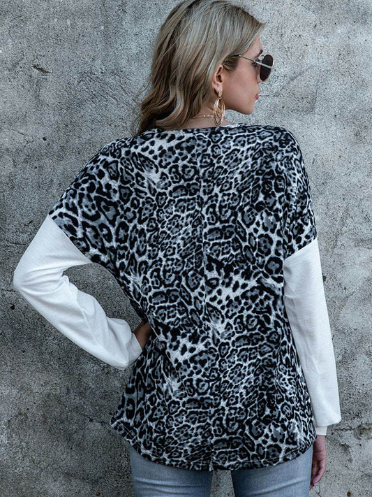 Shiny Leopard Decorative Button V-Neck Top Trendsi b37f2c41a9e442c297c4a970c54adc8b-Max