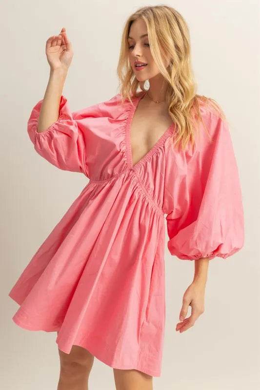 HYFVE Plunge Balloon Sleeve Poplin Mini Dress with Pockets Coral Trendsi b3813039-ab1b-4723-bb24-e6e6085affde-Max-Origin