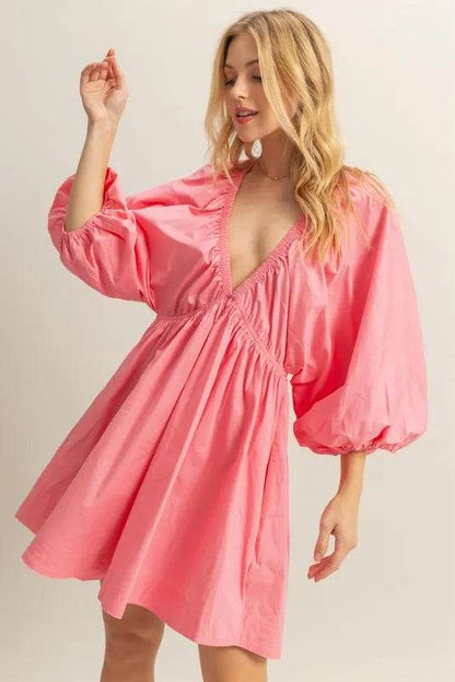 HYFVE Plunge Balloon Sleeve Poplin Mini Dress with Pockets Coral Trendsi b3813039-ab1b-4723-bb24-e6e6085affde-Max-Origin