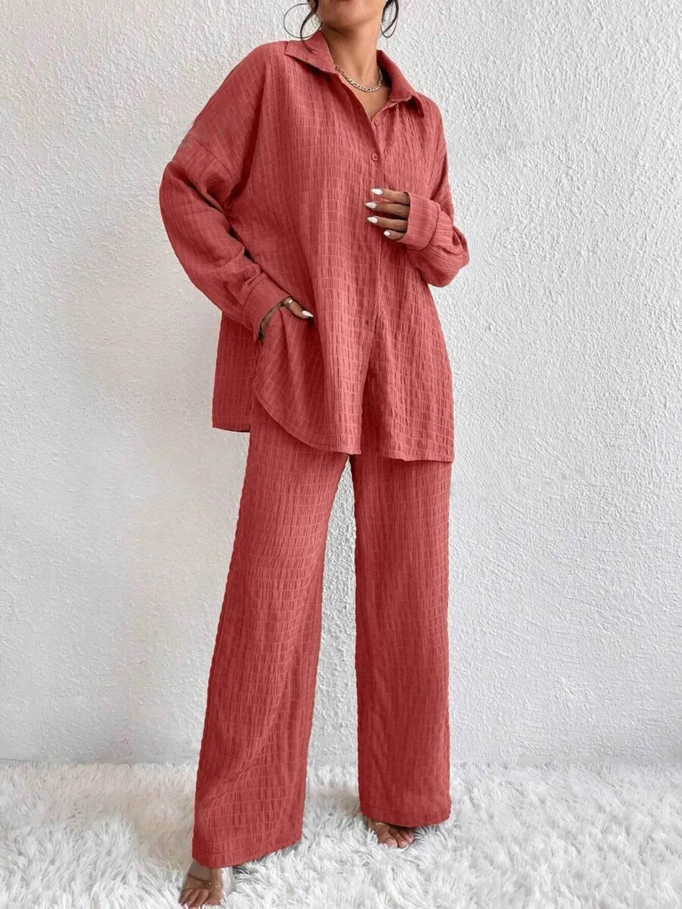 Button Up Long Sleeve Shirt and Pants Set Trendsi b3896c375f20451092afb302f98c829a-Max-Origin