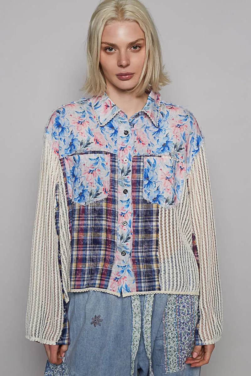 POL Floral Slit Back Plaid Patchwork Shirt Trendsi b3976803-249f-4d25-99fa-c03d5905362a-Max-Origin