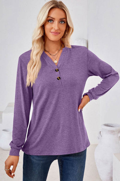 V-Neck Buttoned Long Sleeve Blouse Trendsi b397f1f6dd854f0990ece626b2b40f8a-Max