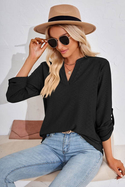 V-Neck Roll-Tap Sleeve Blouse Trendsi b39bbb0acb0e47fe9273116597e01f24-Max
