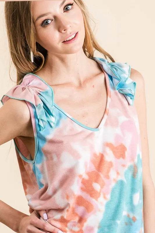 BiBi Circular Tie Dye Knit V Neck Top With Ruffle Trendsi b3a23a0faa7a4bd2b2f5840f04f0a8ca-Max-Origin