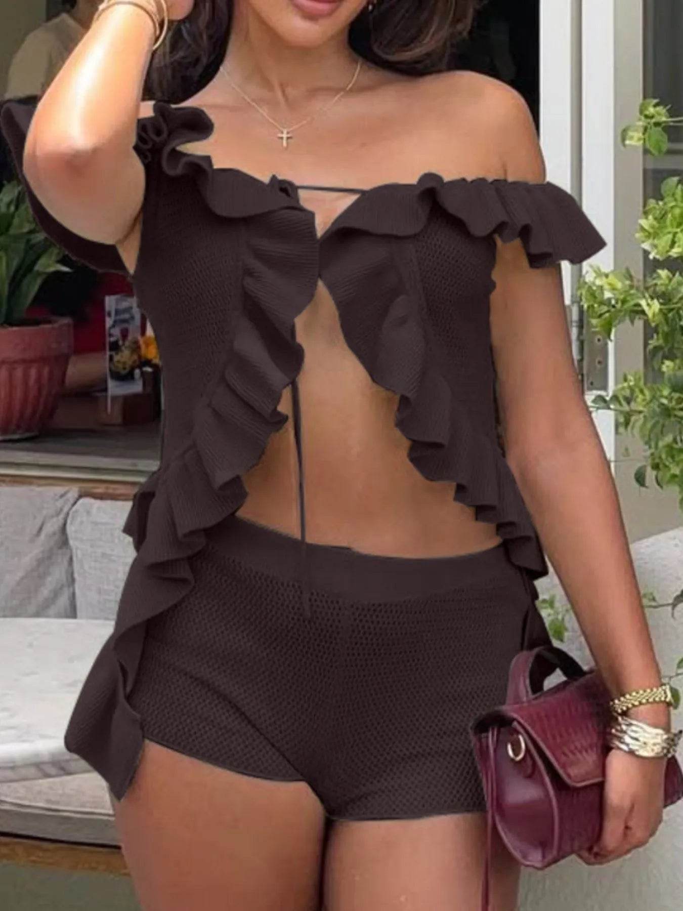 Off-Shoulder Ruffle Top and Shorts Sweater Set Trendsi b3a363f4-431e-4950-b88a-abcedc0f15e2-Max-Origin