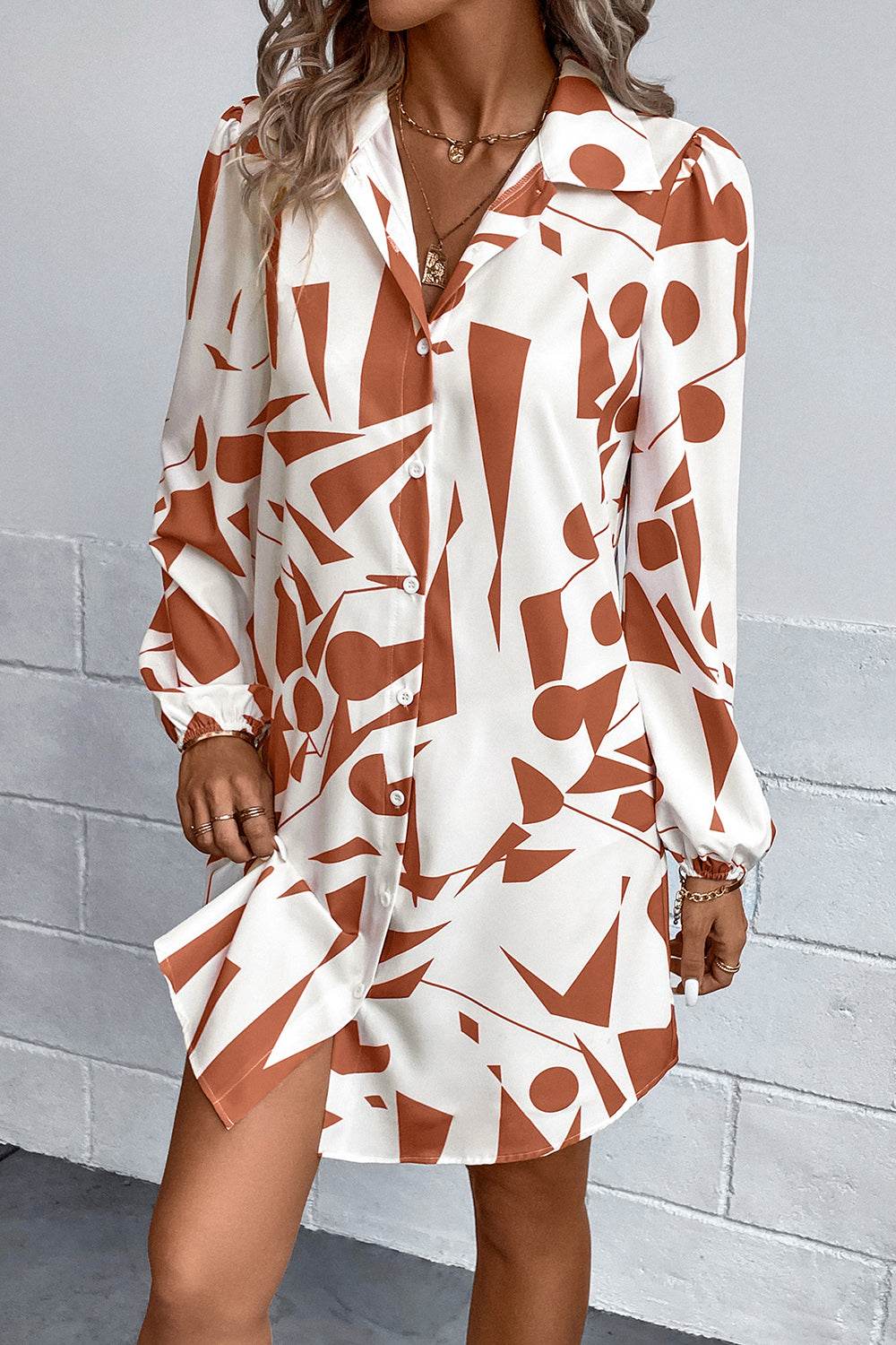 Geometric Long Sleeve Shirt Dress Coral Trendsi b3c1856ef8ad4ab4849df2ac4ac87cff-Max