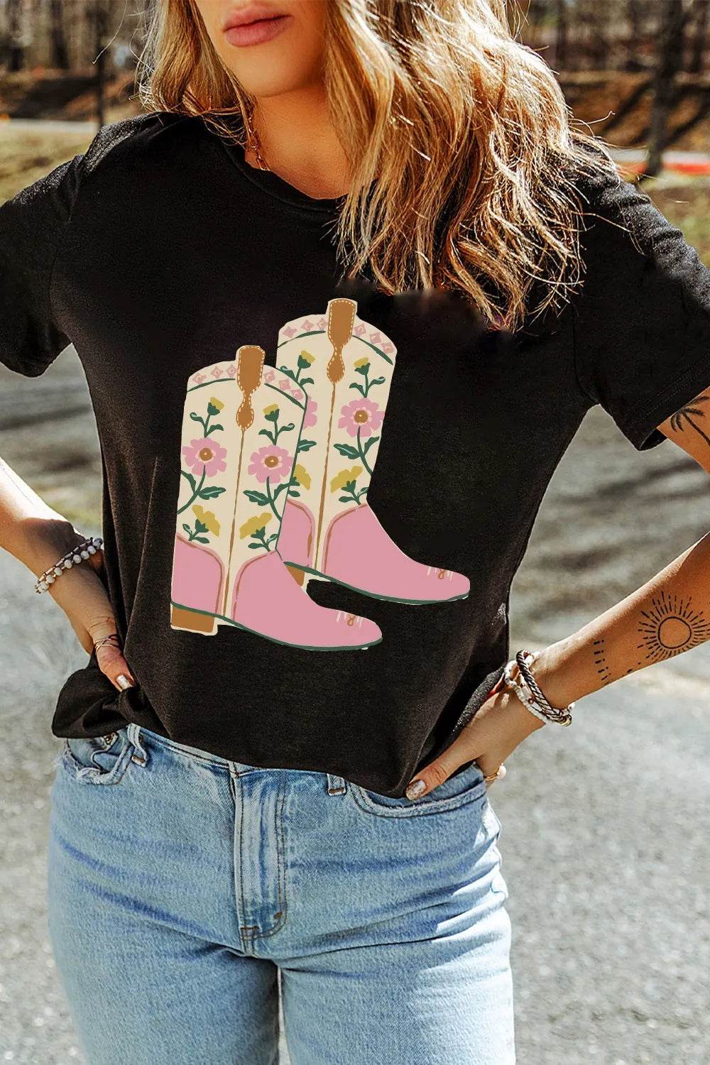 Floral Cowgirl Boots Graphic T-Shirt Trendsi b3c90d60-d91e-48f4-a991-eddb4ff59c8a-Max-Origin