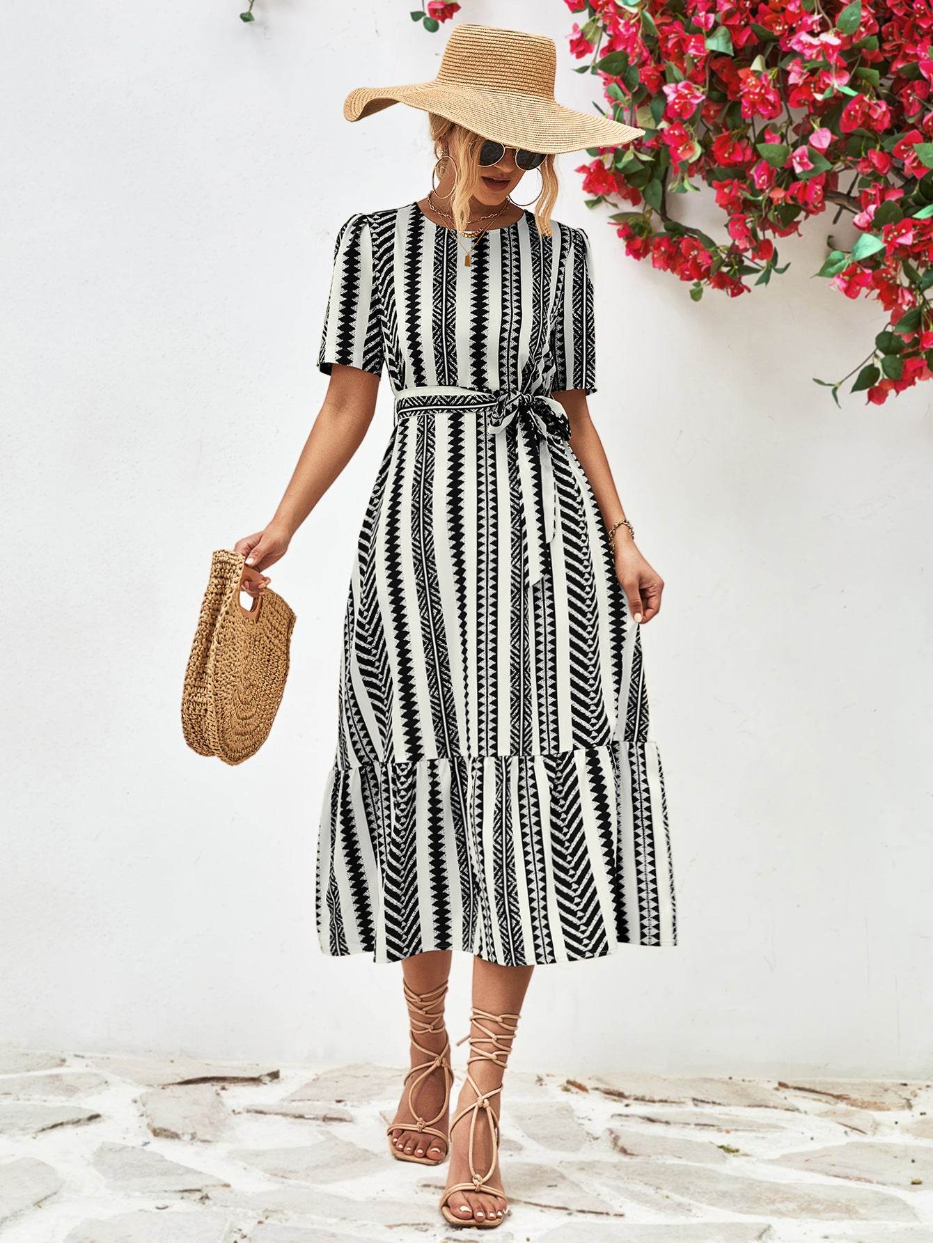 Striped Tie Belt Round Neck Puff Sleeve Dress Black Trendsi b3e284fe61864ea9a407cf6b64014dc1-Max