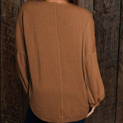 Round Neck Long Sleeve Ruched Blouse Trendsi b3e90aea96a54492a7a53ff6c079c359-Max