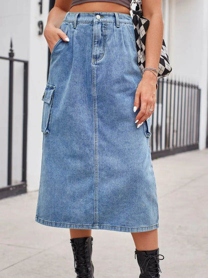 Slit Buttoned Denim Skirt with Pockets Trendsi b3f678dd-fcbe-4d9b-a0fd-394800fac3b5-Max