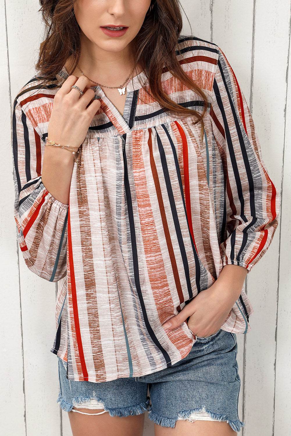 Multicolored Stripe Notched Neck Top Trendsi b40ae82a1c284c1d918dd4771a31bf54-Max