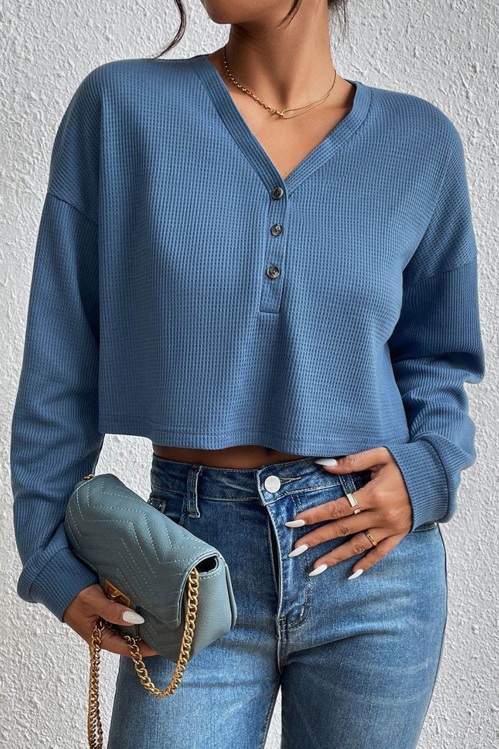 Ivy Lane Cropped V-Neck Raglan Sleeve Buttoned Blouse Trendsi b4129bbddba844bb874b8ebe4bfd1bf6-Max