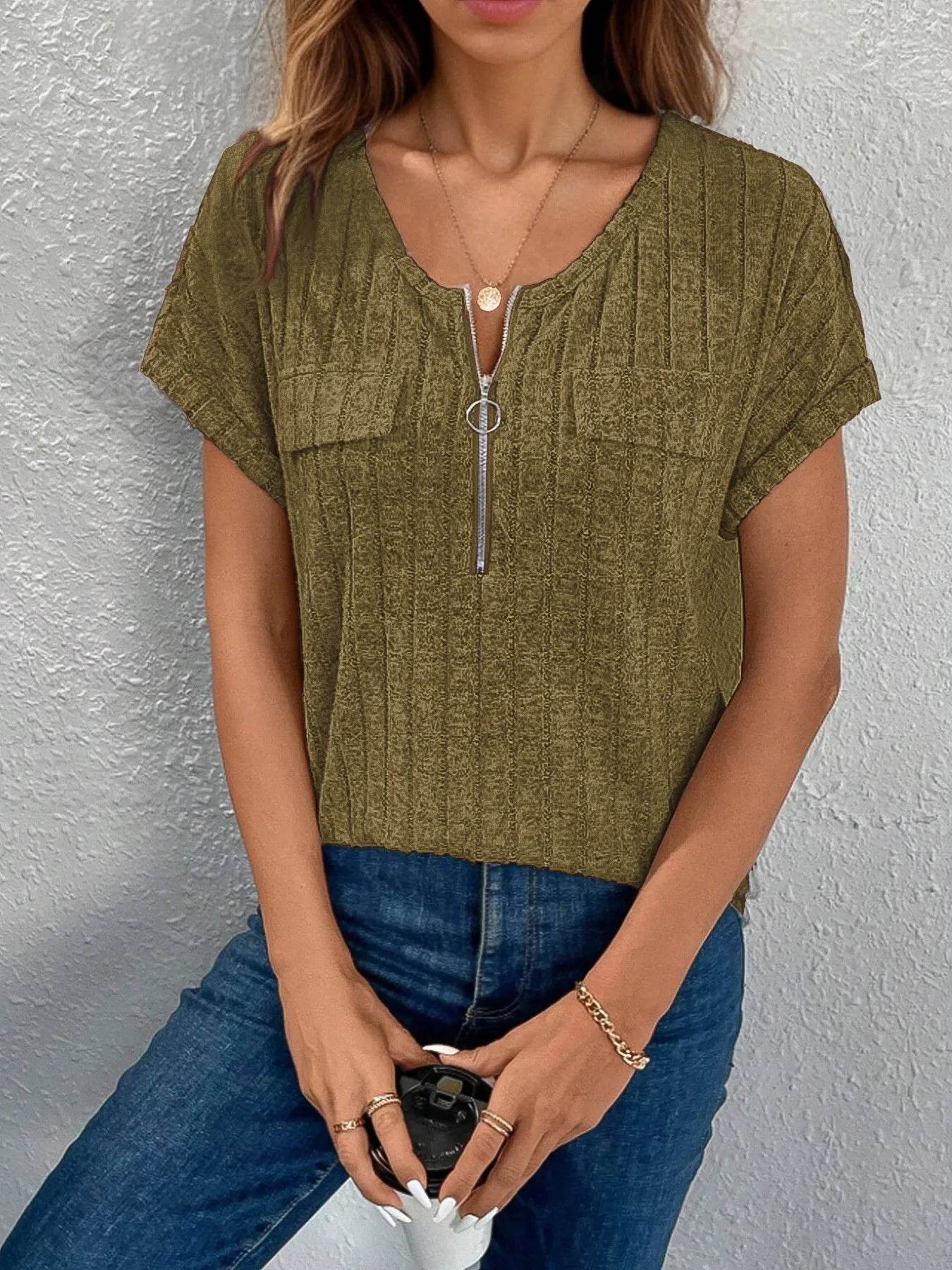 Zip-Front Short Sleeve T-Shirt Trendsi b432842027684948a612ab41c58847fe-Max-Origin