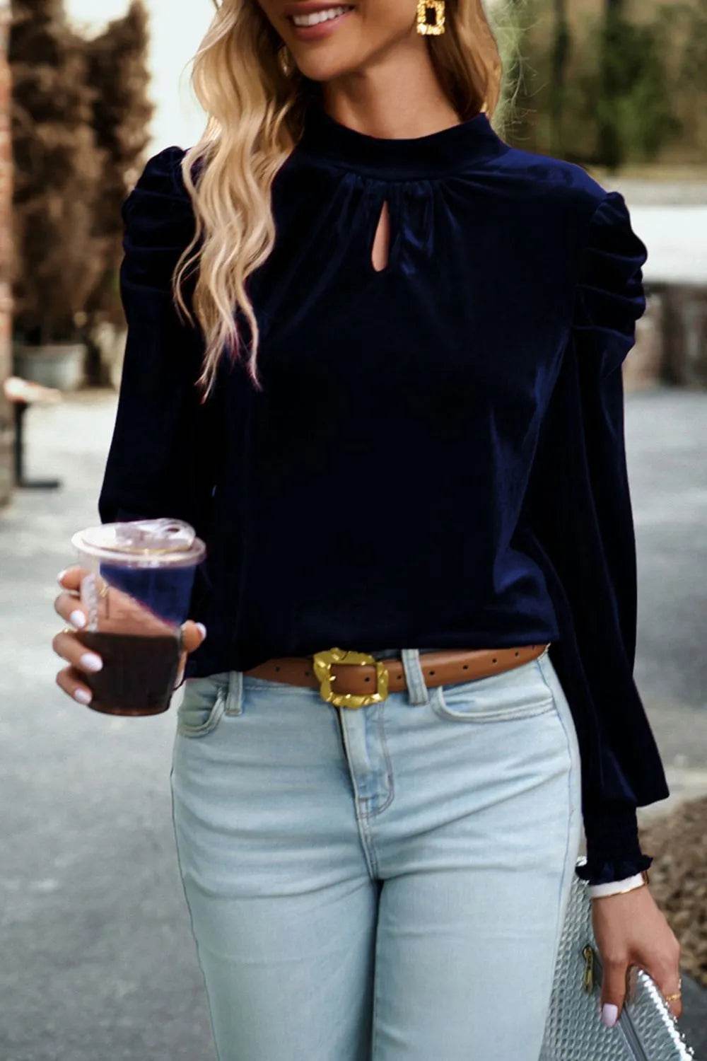 Tie Up Mock Neck Velvet Fabric Long Sleeve Blouse Trendsi b435fa12-4143-4346-911c-bf00f661c9b0-Max