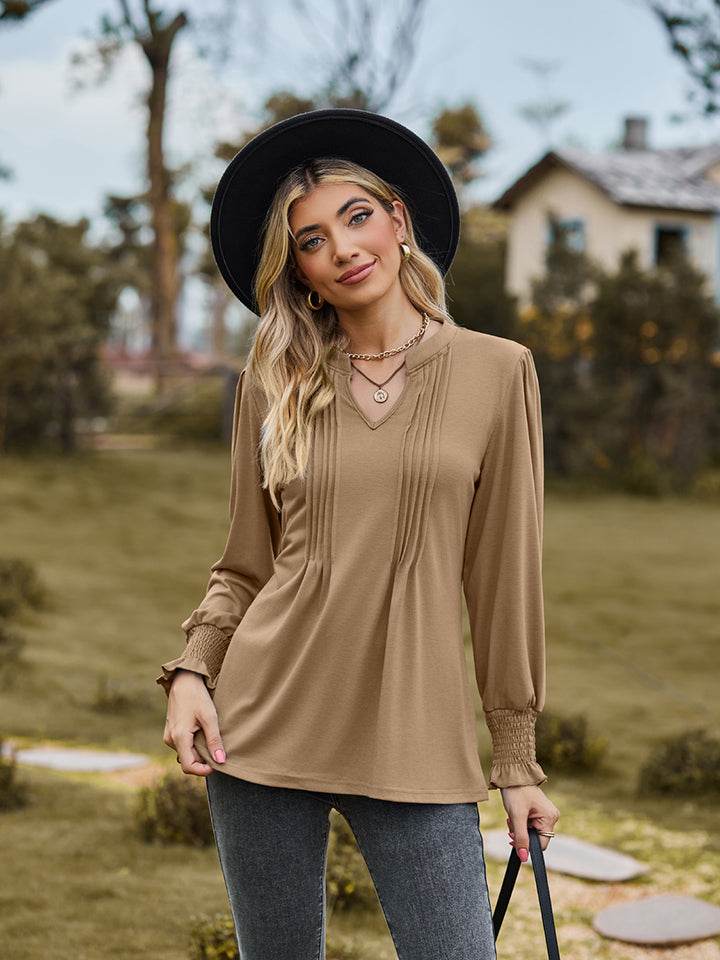Notched Neck Flounce Sleeve Blouse Khaki Trendsi b43e751a65734fdf9ea982f0e5bdaa1a-Max