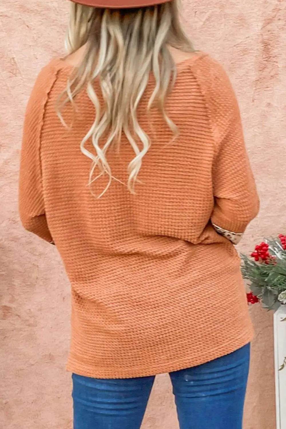 Waffle-Knit Leopard Long Sleeve Slit Blouse Trendsi b4721f653abb4bc1bb83630ee53e3ba2-Max