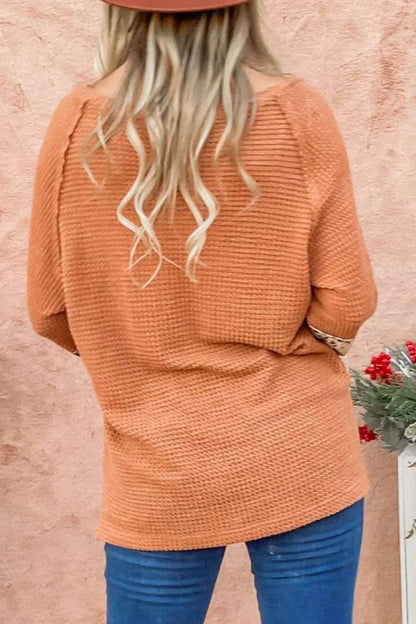 Waffle-Knit Leopard Long Sleeve Slit Blouse Trendsi b4721f653abb4bc1bb83630ee53e3ba2-Max