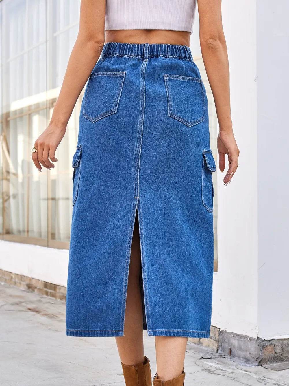 Slit Midi Denim Skirt with Pockets Trendsi b48e4068-0794-4851-99fe-0d936142fbe3-Max