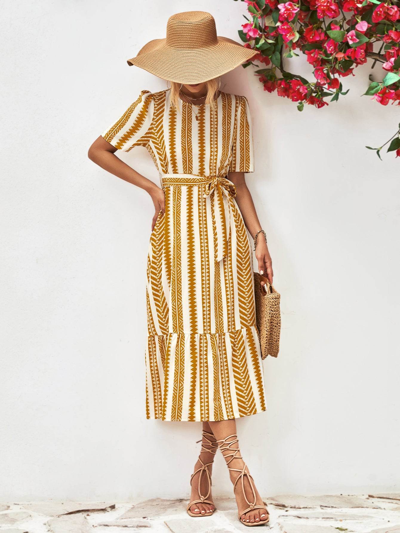 Striped Tie Belt Round Neck Puff Sleeve Dress Trendsi b497e4dc07f94813b564e4f237fece67-Max