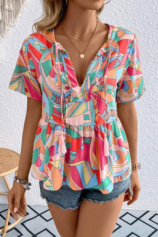 Printed Tie Neck Short Sleeve Blouse Multicolor Trendsi b4ac006a81cf42269436efc6e06f8c77-Max