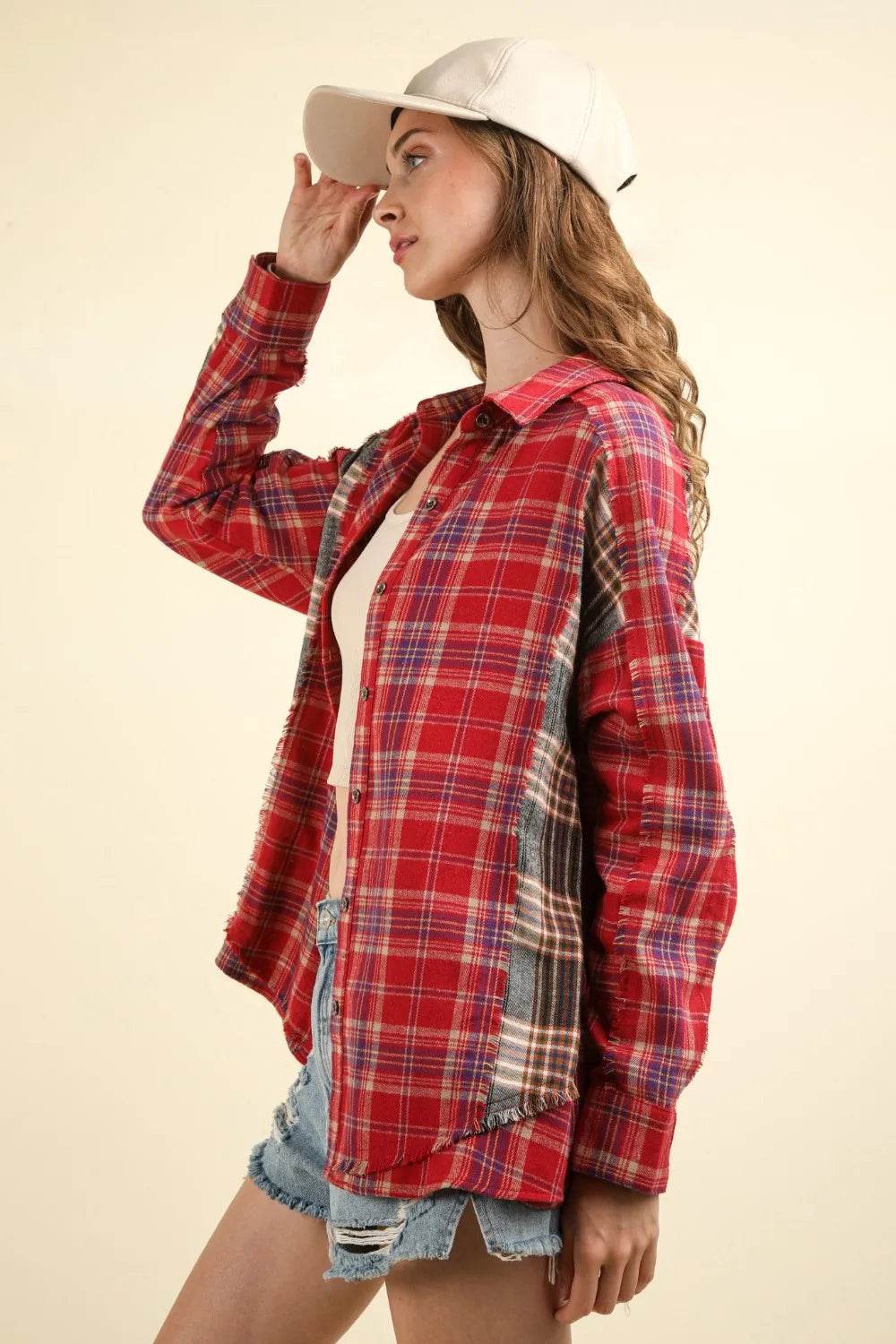 VERY J Contrast Plaid Raw Detail Shirt Trendsi b4f3c424-cd57-4f18-95a6-a0496c137032-Max