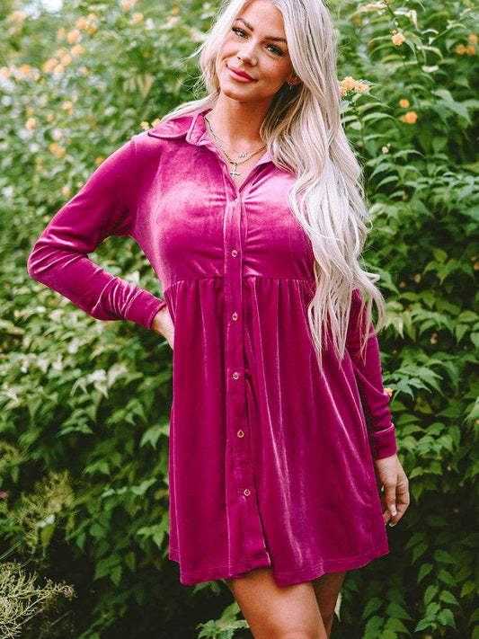 Collared Neck Buttoned Mini Dress Deep Rose Trendsi b507569493c94598a912bb5ba9775ecc-Max