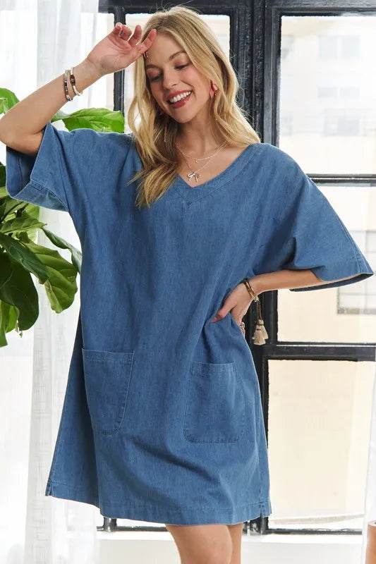 ADORA V-Neck Half Sleeve Mini Denim Dress Peacock Blue Trendsi b51b902a-5dd6-447f-8f10-9b33bf55504d-Max