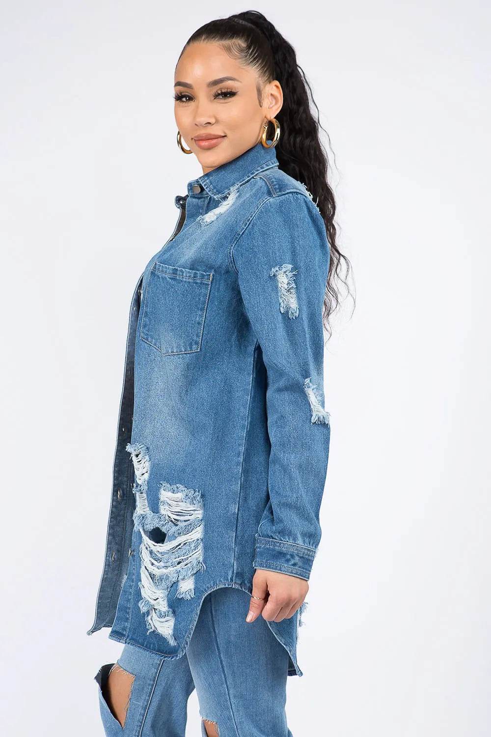 American Bazi Distressed Button Down Denim Shirt Jacket Trendsi b531f8b5-750b-455e-9822-b3ba2f14369e-Max