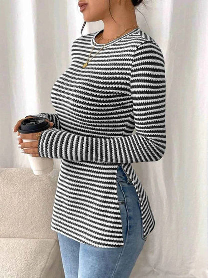 Side Slit Striped Long Sleeve T-Shirt Trendsi b562c59415a64217be9151eac4ae4515-Max-Origin