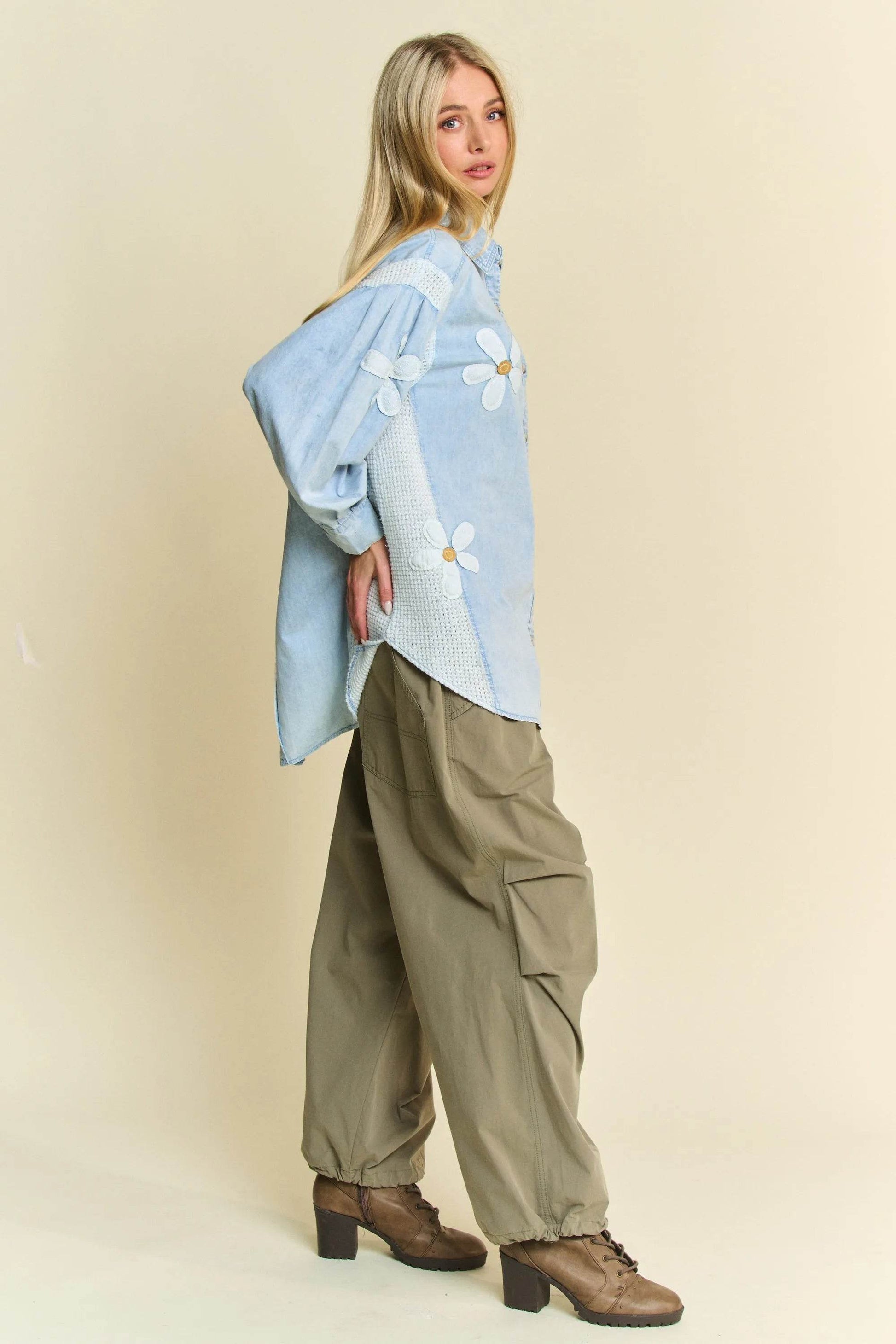 Davi & Dani Lightweight Washed Daisy Patch Waffle Knit Shirt Trendsi b575f0311cd74694b5934600239264c5-Max-Origin