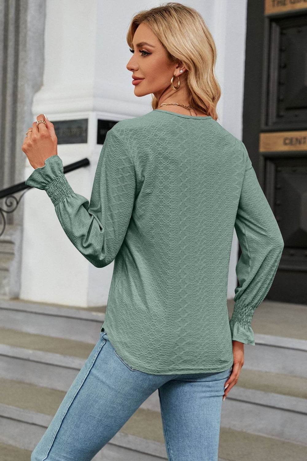 V-Neck Flounce Sleeve Blouse Trendsi b57cdc299cb948e4b69a85f569d008ab-Max