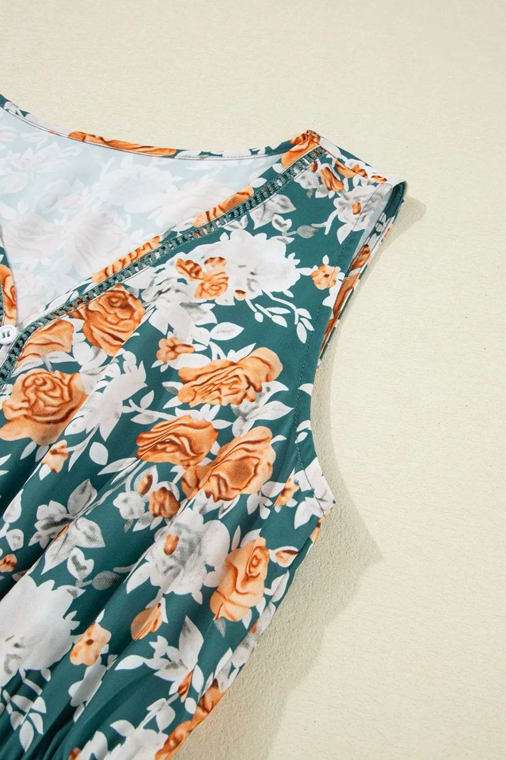 Floral Print Trimmed V Neck Tie Waist Sleeveless Dress Trendsi b59b3e29-6a7a-424e-9268-ab991612879c-Max-Origin