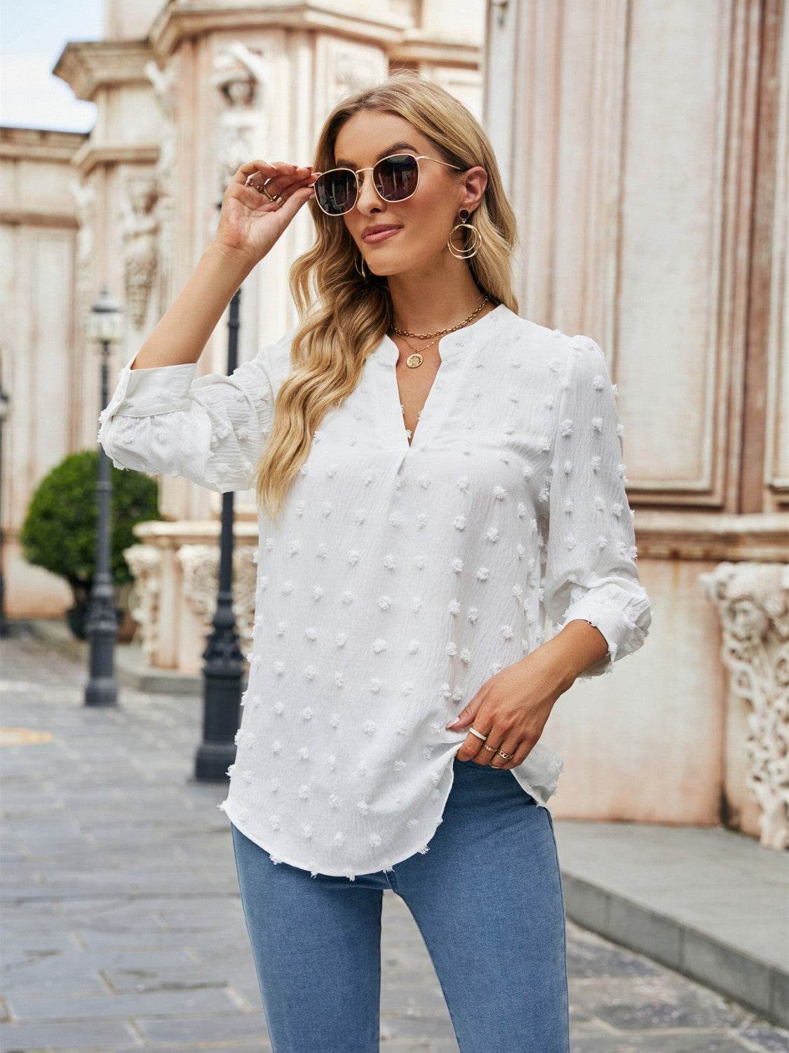 Swiss Dot Notched Neck Blouse White Trendsi b5b568bb21f944d2a5a2371b0f79e378-Max