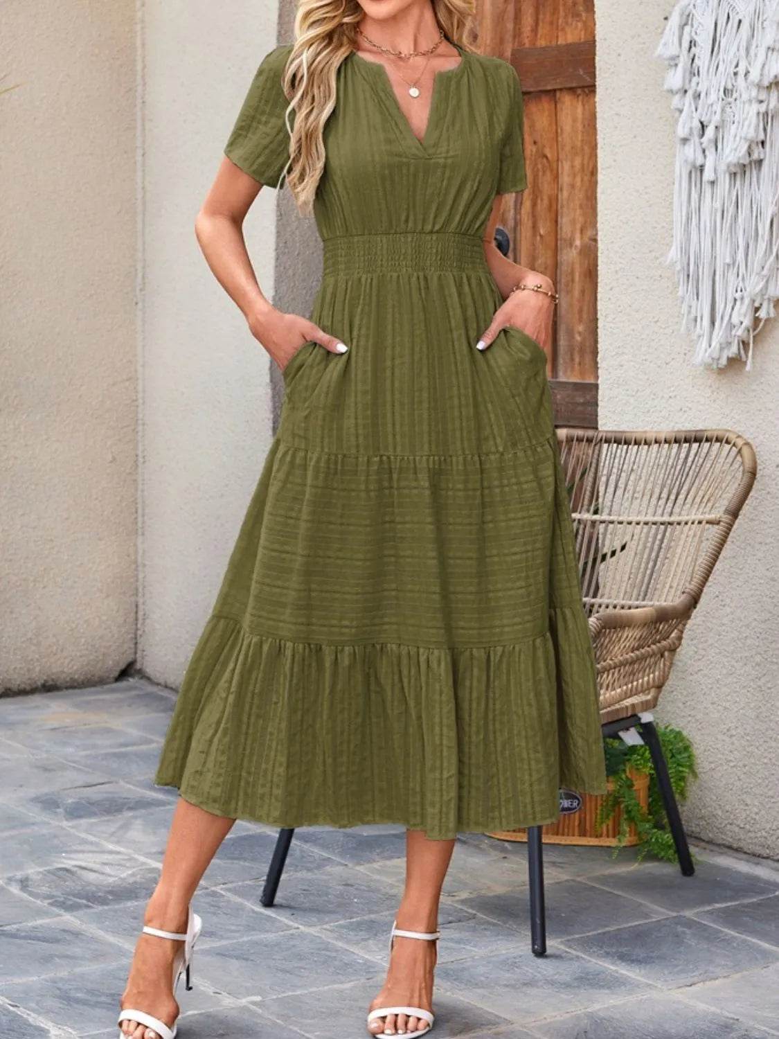 Tiered Notched Short Sleeve Dress Moss Trendsi b5c65897-8466-486b-b9bc-2c9fd1e8d8e6-Max-Origin