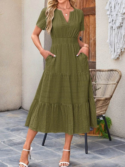 Tiered Notched Short Sleeve Dress Moss Trendsi b5c65897-8466-486b-b9bc-2c9fd1e8d8e6-Max-Origin
